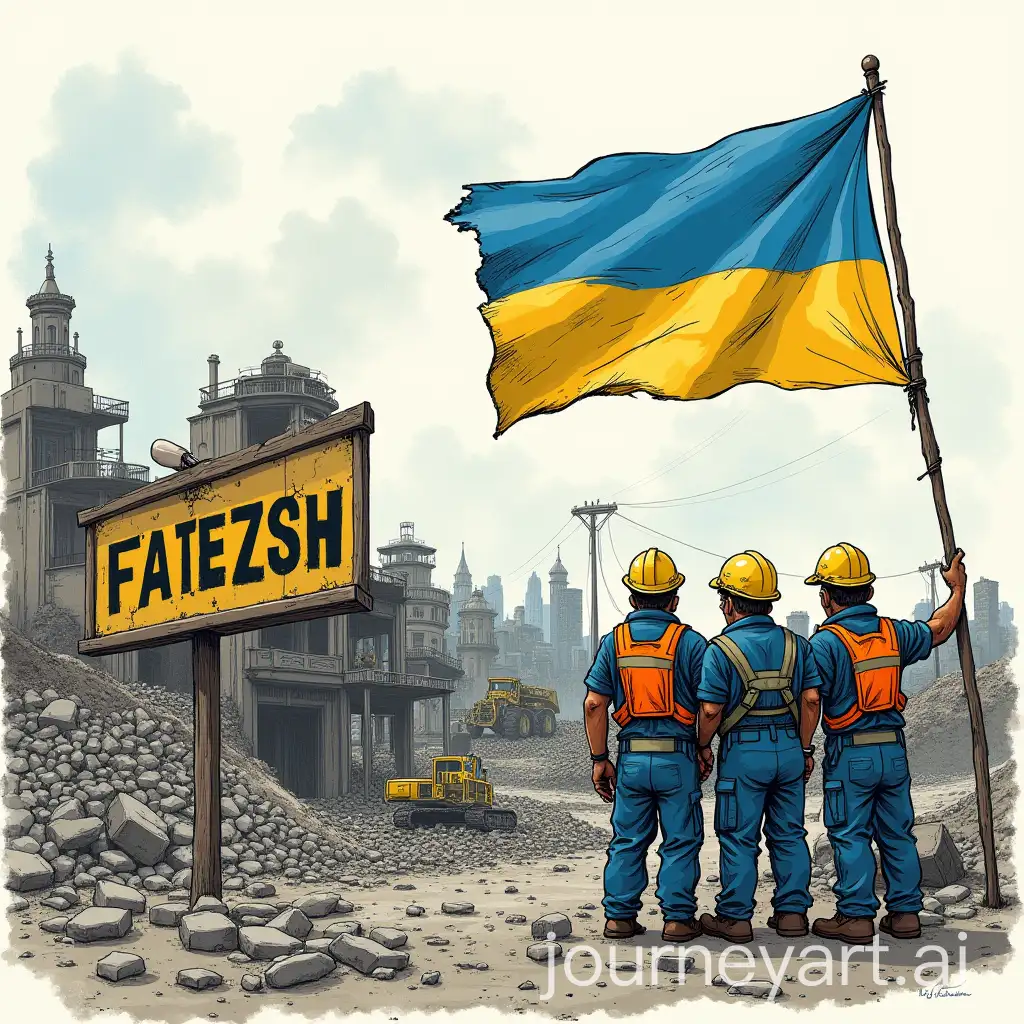 BlownUp-City-with-Broken-Fatezh-Sign-and-Ukrainian-Flag-Held-by-Mine-Workers