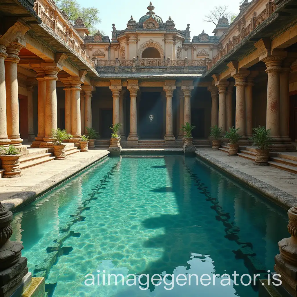 Royal-Queen-in-Ancient-Tamil-Swimming-Pool-Surrounded-by-Rice-Plants