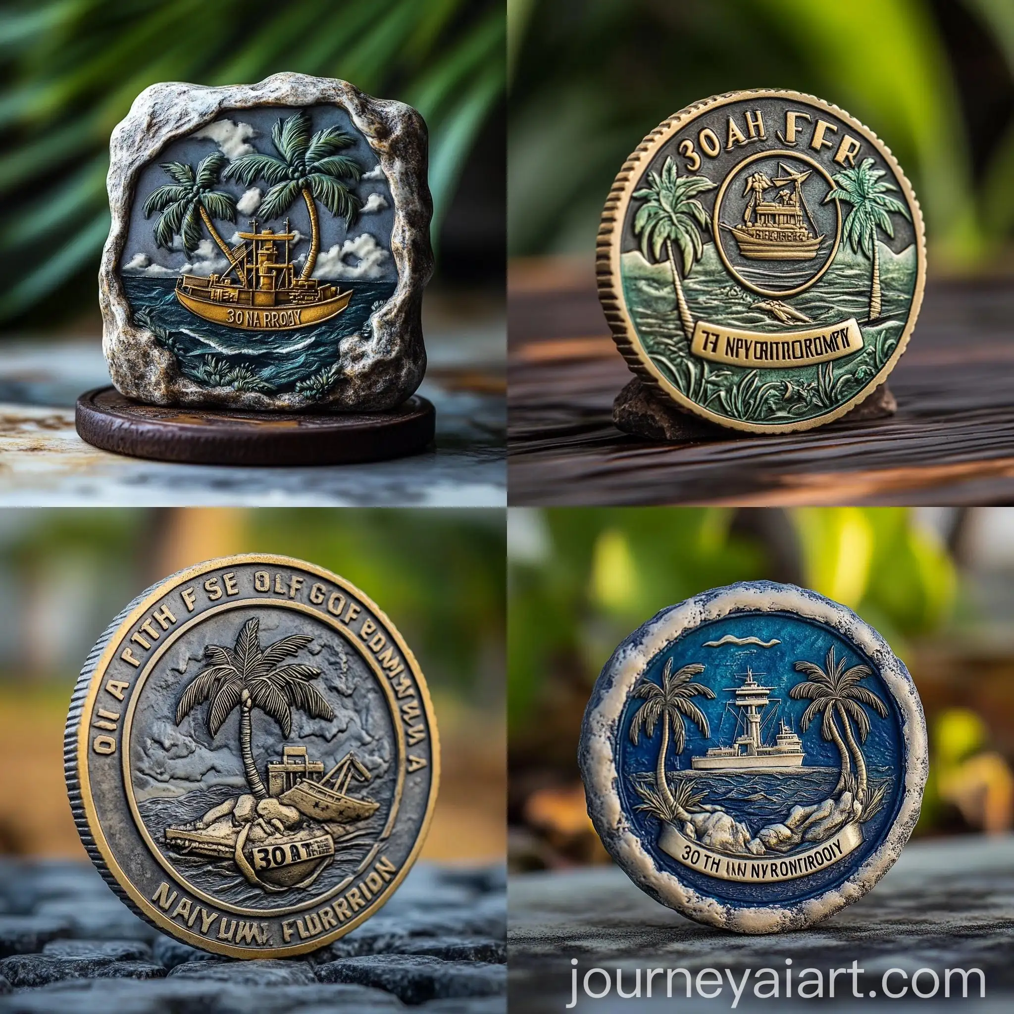 Military-Challenge-Coin-with-Seabee-Logo-on-Tropical-Background