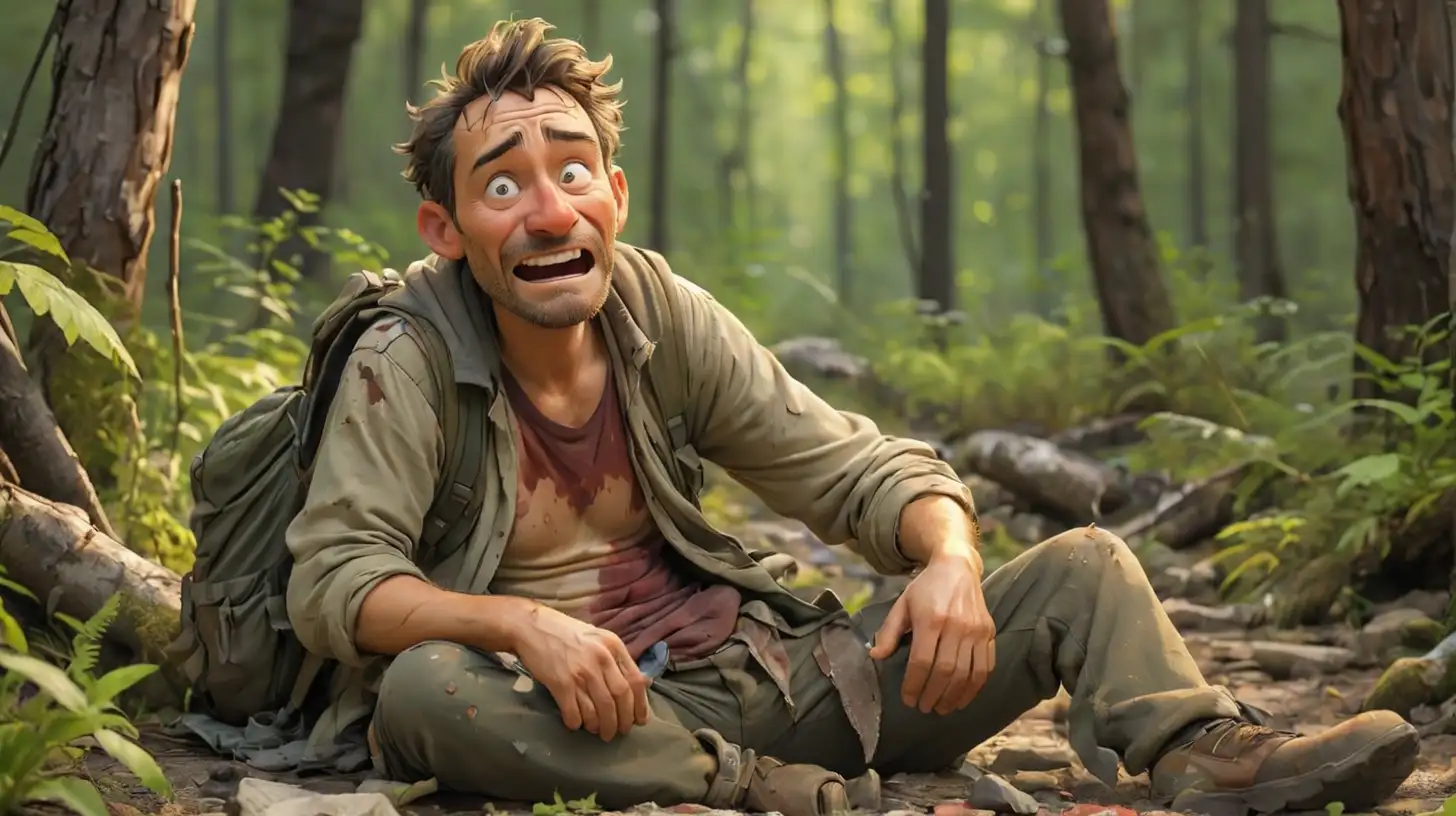 cartoon funny cheerful stupid man surviving in the wild, sitting exhausted, torn clothes, wounds, bruises