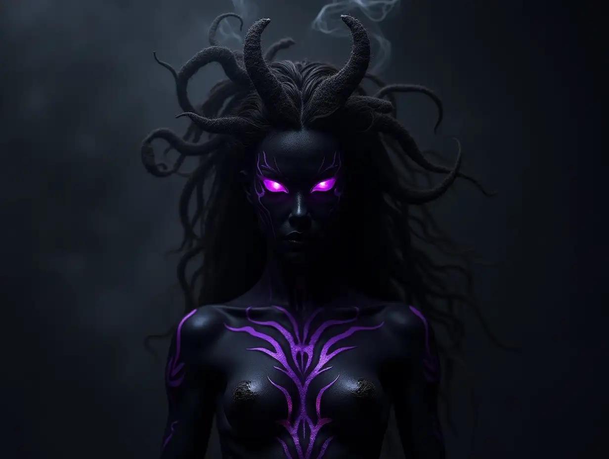 A shadowy humanoid figure with pitch-black skin that absorbs light, marked with glowing purple tribal patterns. Their eyes are slits of crimson or violet energy, pulsing faintly. Hair made of living shadow flows like dense smoke. They wear fragmented obsidian armor that blends seamlessly with their form. The figure exudes an aura of menace and predatory grace, set against a dark and ominous background