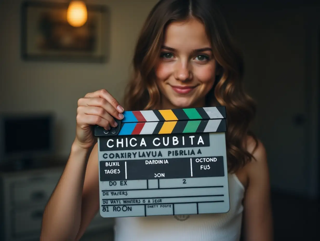 A girl behind a movie clapper. On the clapperboard it reads CHICA CUBITA Casting Call