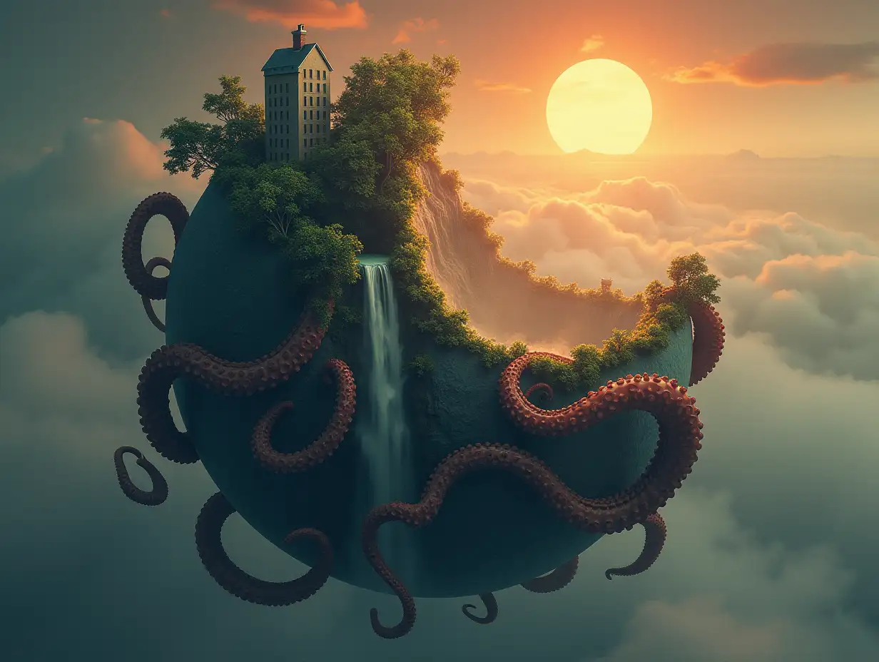 Create a globe, with a building and a forest waterfall emerging from the upper half, and a giant octopus holding the globe with its tentacles, overlooking a reddish fog and sun