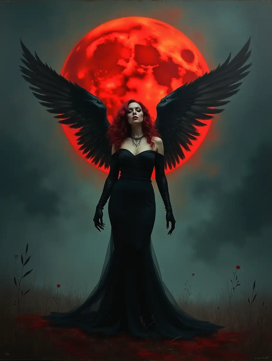 nightmare, horror film scene, curvy redhead fallen angel, red moon in the sky, masterpiece, gloomy background, painting art