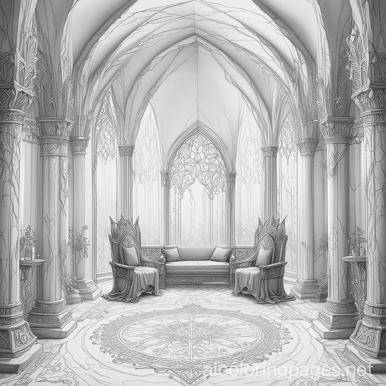 Elven-Throne-Room-Coloring-Page-in-Black-and-White