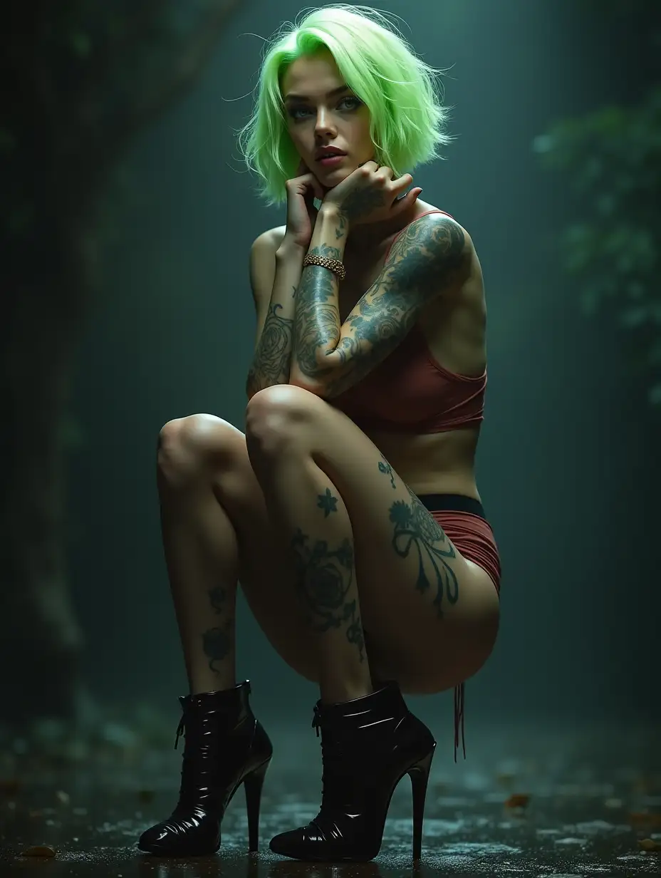 depiction of a beautiful white woman with tattoo, short mixed green-yellow hair in a futuristic cyberpunk and high heels, Blurry black background (120mm) shot poster