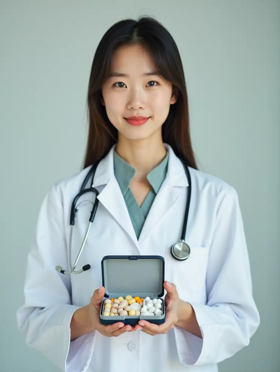 A beautiful girl doctor stands at full height and holds a rectangular pillbox in her hands