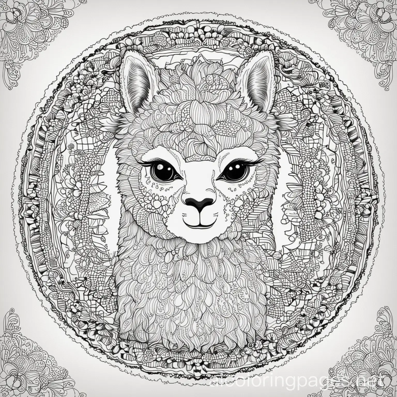 A Alpaca with vivid pattern inside of it, mandala design, coloring book photo, thick lines, no dots, just outline,, Coloring Page, black and white, line art, white background, vivid graphics, Mandela, Ample White Space. The background of the coloring page is plain white to make it hard for seniors to color within the lines. The outlines of all the subjects are easy to distinguish, making much difficulty., Coloring Page, black and white, line art, white background, Simplicity, Ample White Space. The background of the coloring page is plain white to make it easy for young children to color within the lines. The outlines of all the subjects are easy to distinguish, making it simple for kids to color without too much difficulty