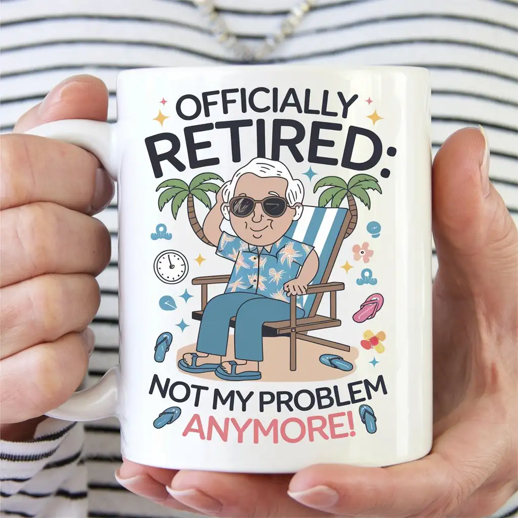 Design a funny and lighthearted retirement mug featuring a playful illustration of an elderly person enjoying their retirement. Make them look relaxed and happy, embracing the retired life. Include the humorous text: ‘Officially Retired: Not My Problem Anymore!’ Surround the character with small icons like palm trees, a clock without numbers, or flip-flops, all reinforcing the carefree vibe. Use bright colors that pop and a style that is easily readable and stands out on neutral-colored mugs.