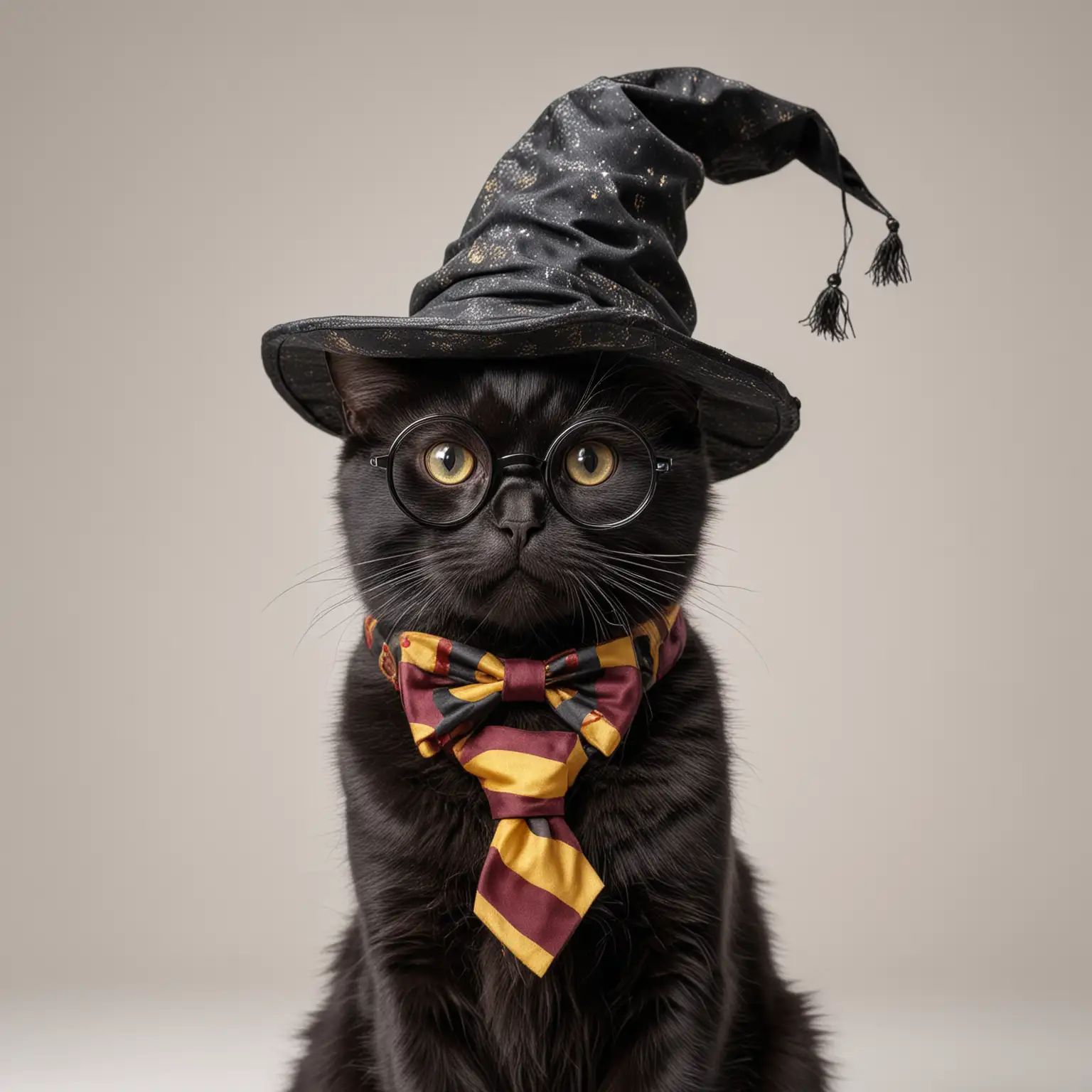 Black Cat Dressed as Harry Potter Magician on White Background