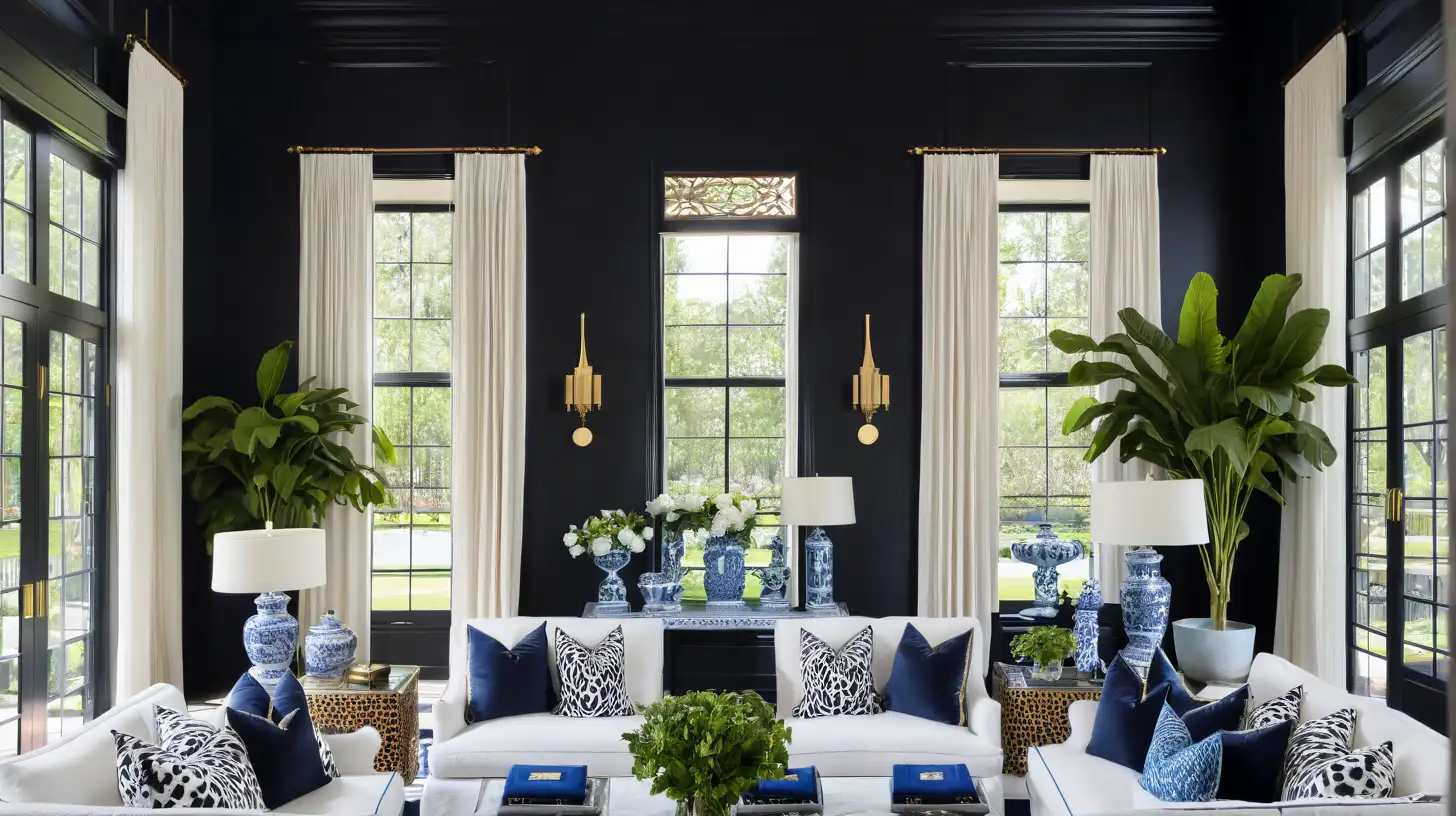 Sophisticated Black Walls Living Room with Chinoiserie Decor and White Sofas