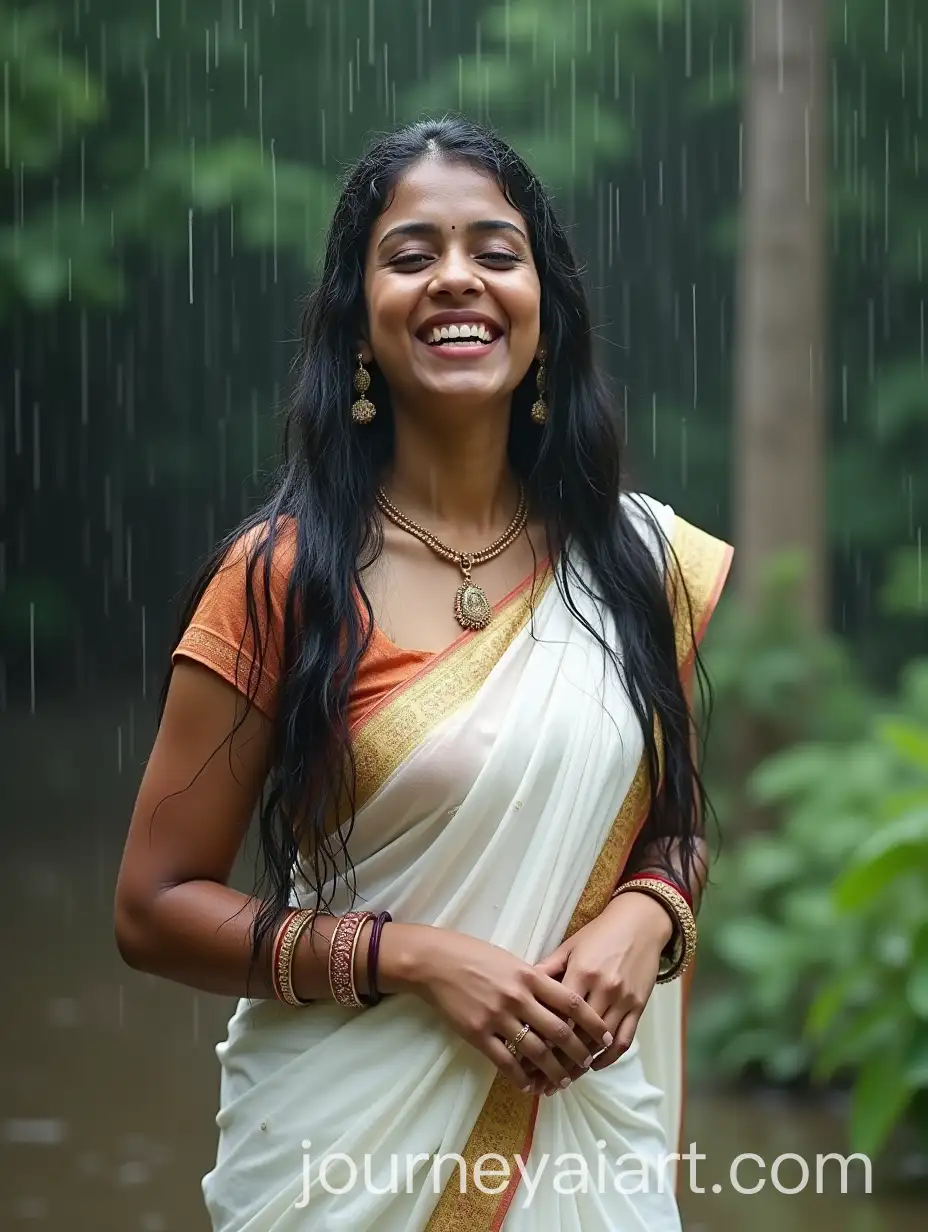 Young-South-Indian-Woman-in-White-SareAI-Image-Prompt-Expansione-Enjoying-the-Rain
