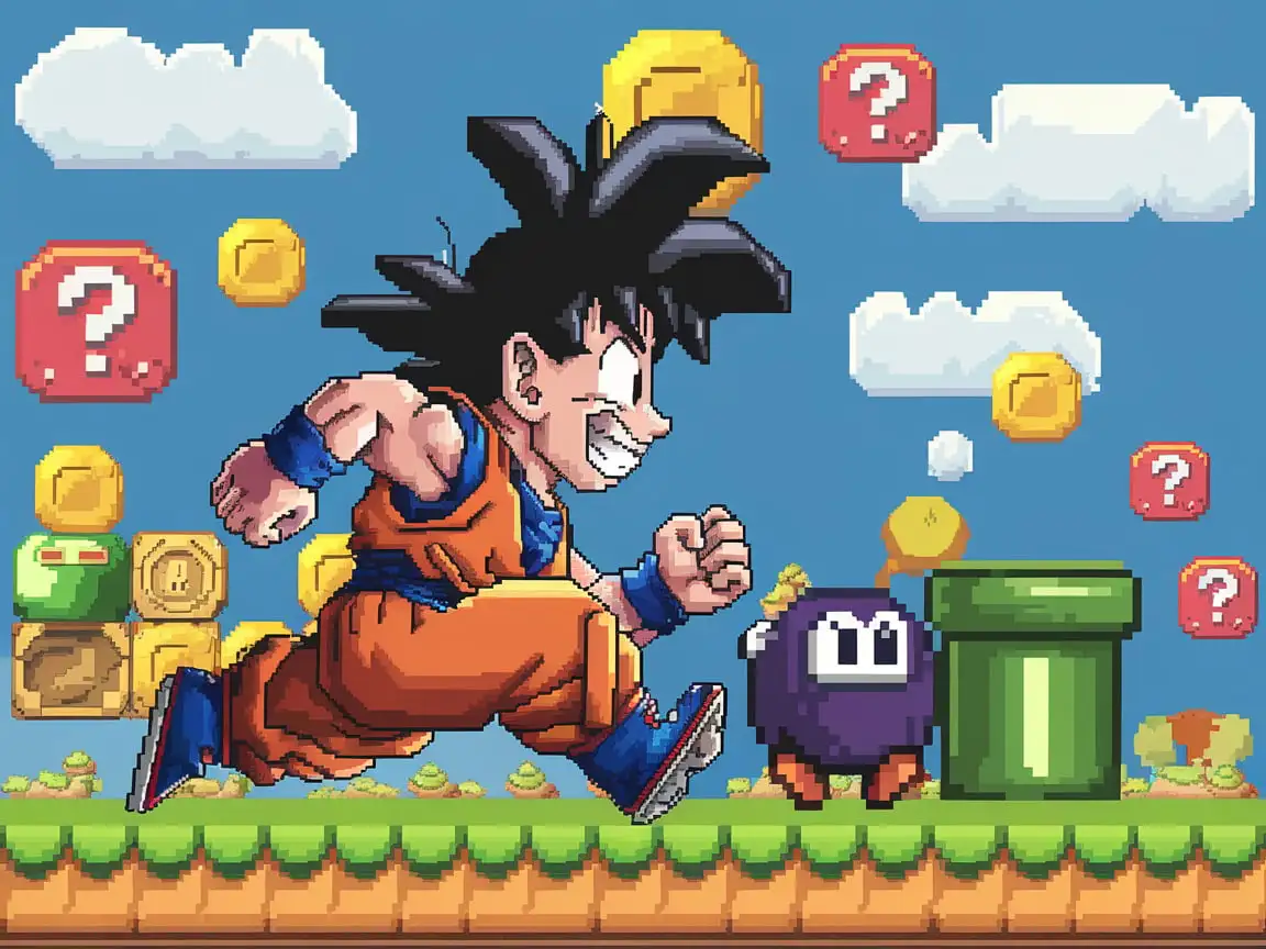 If Goku was in Super Mario bros NES game, Goku pixel NES style, blocks, Goomba, sky, coin blocks, green pipe, Goku running on the left, pixel artz NES style, digital art, 8kz best quality