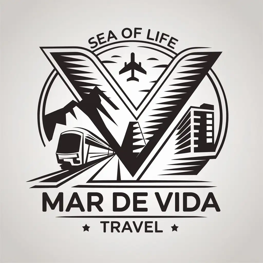 LOGO Design for Mar de Vida Vector Logo Featuring Mountain Balza Train Hotel and Airplane for the Travel Industry