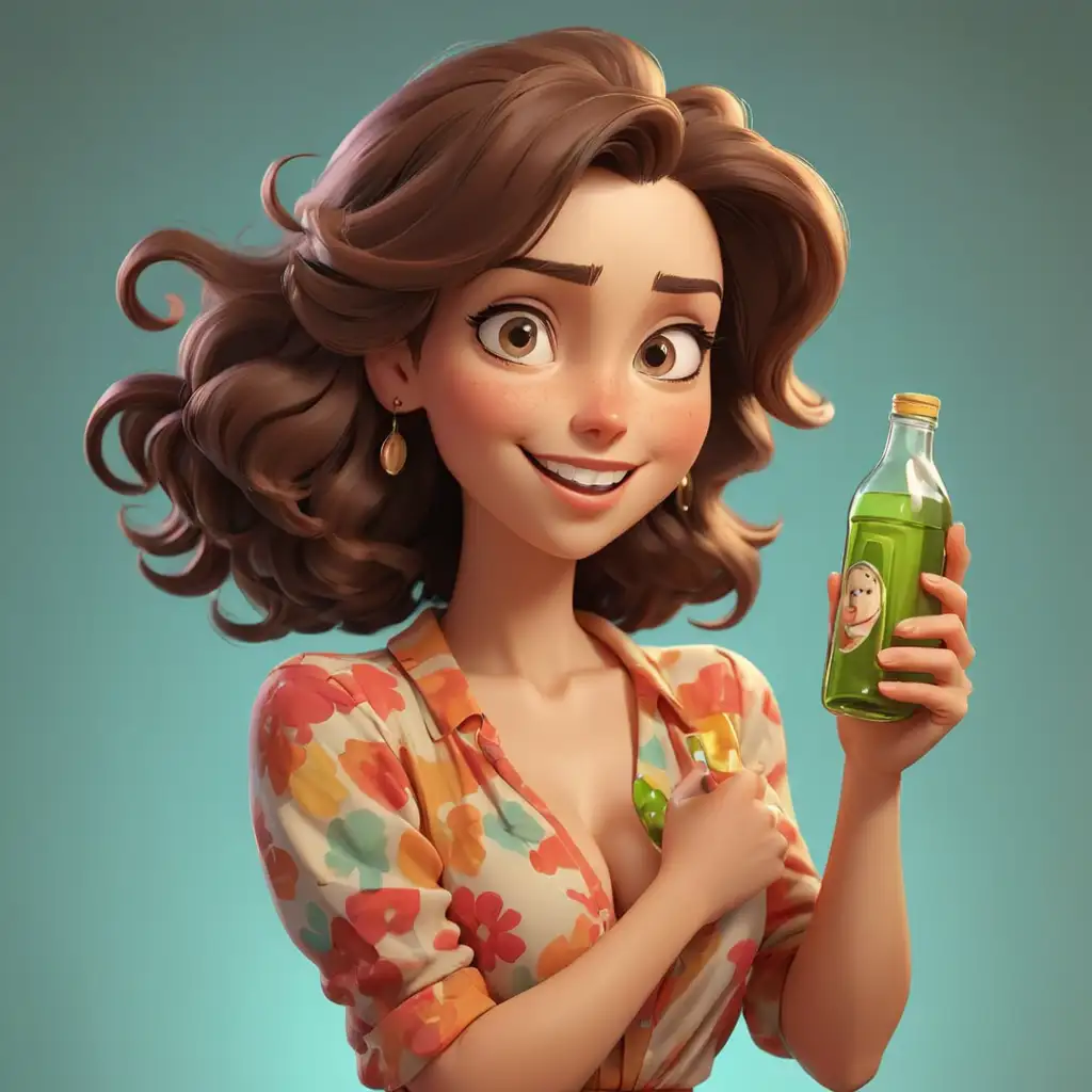 Cartoon-Woman-Holding-Bottle-on-Bright-Background