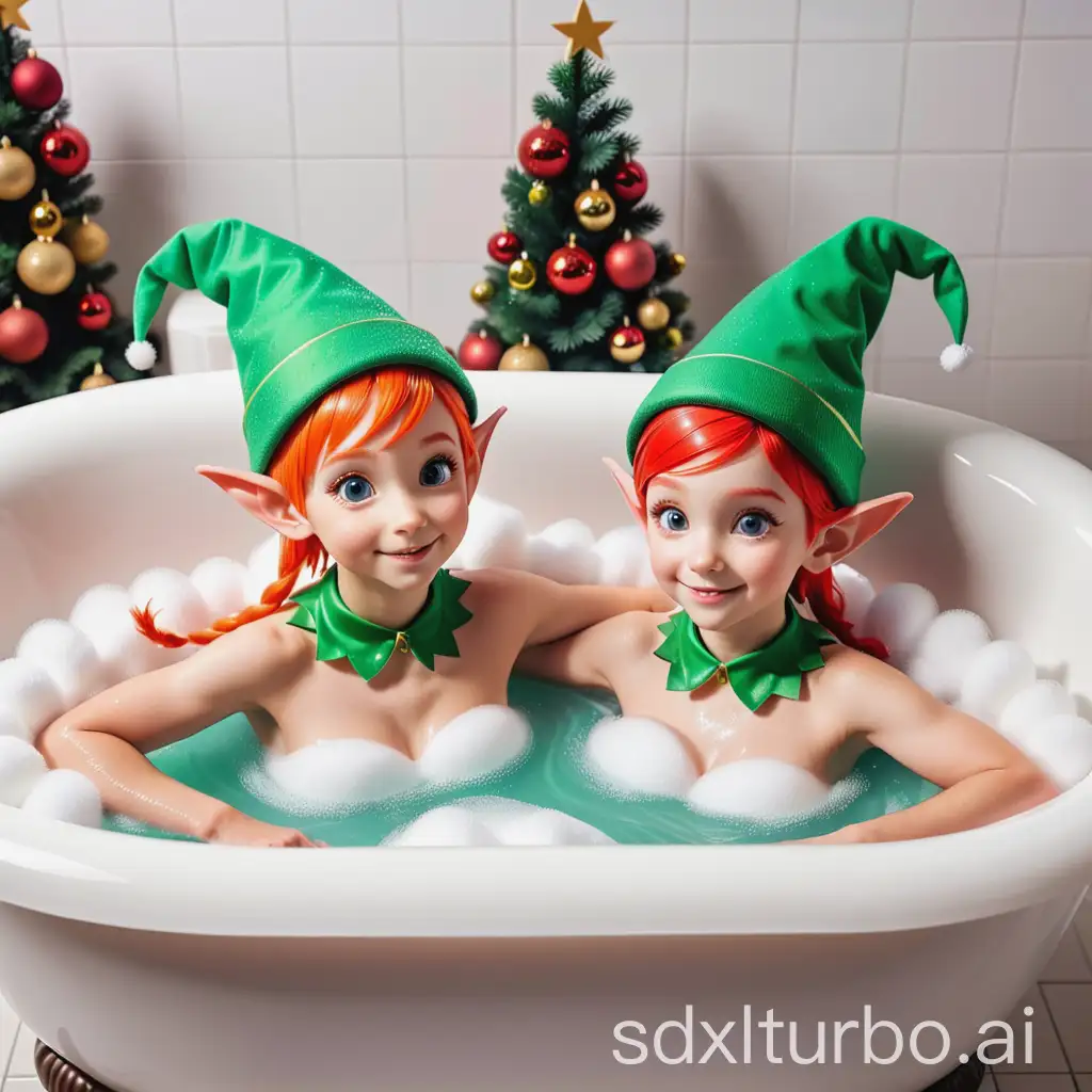 Two-Christmas-Elves-Bathing-in-a-Bathtub-with-Foam