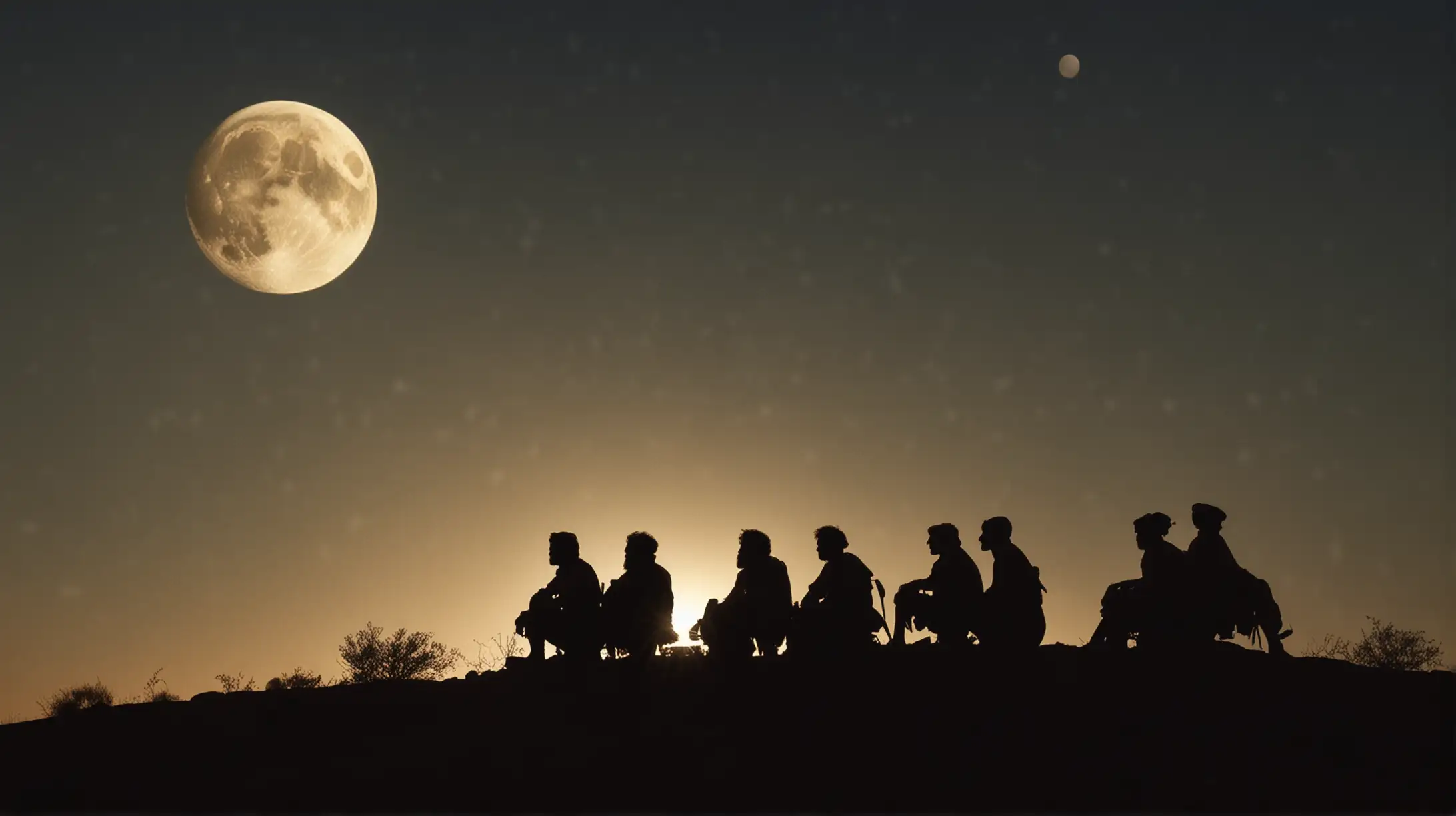 Four Middle Aged Men Silhouetted on Desert Hillside with Moon Biblical Era Scene