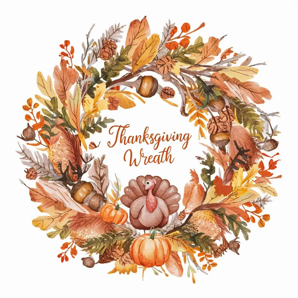 Elegant Watercolor Thanksgiving Wreath on White Background