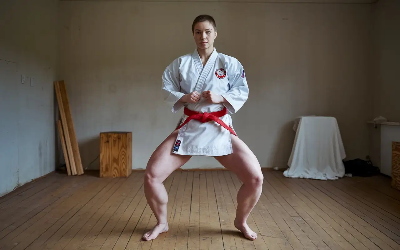 Russian-Woman-in-Sporty-Kimono-with-Muscular-Thighs-Posing-in-an-Empty-Room