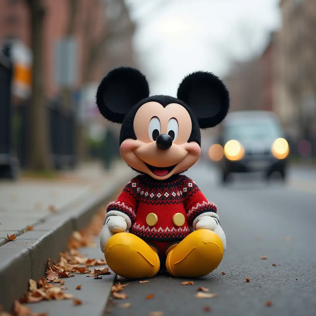 mickey mouse sits on the curb in a naik sweater