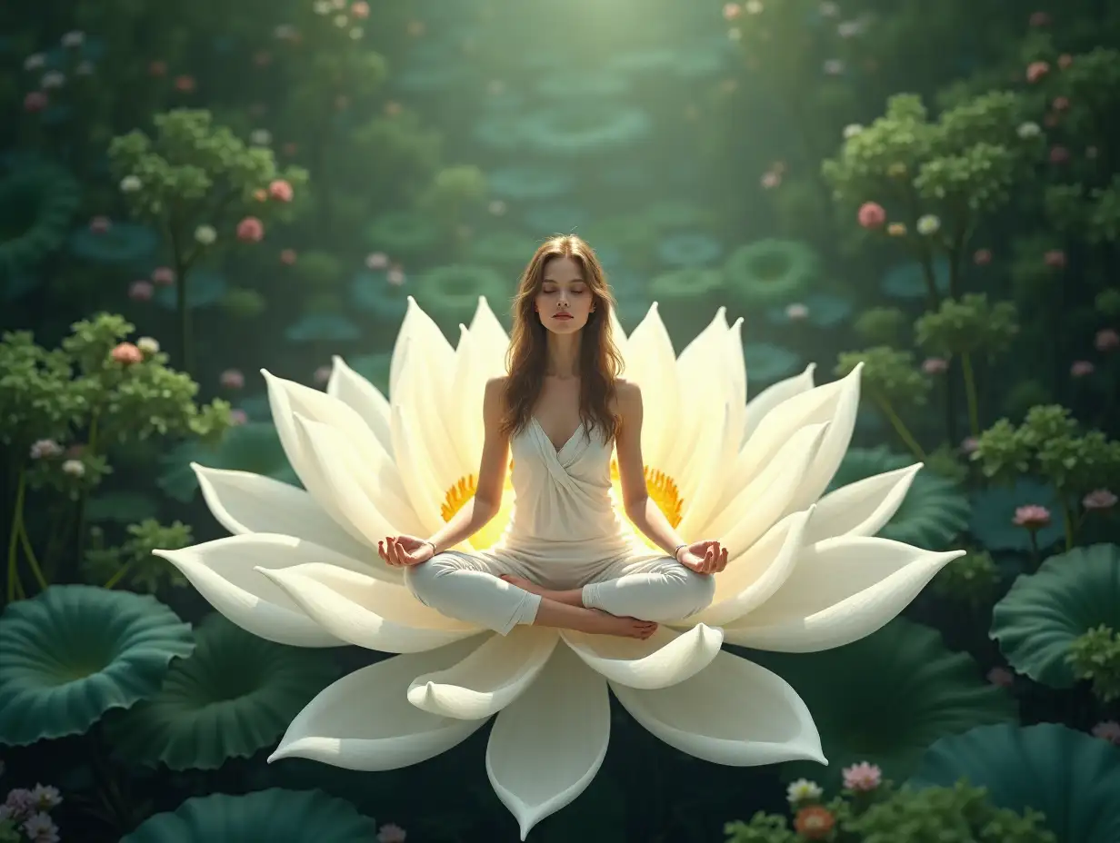 Imagine an enchanting and harmonious scene where a young woman finds herself seated at the center of a large, immaculate white flower. This depiction captures the moment from a front-facing perspective, allowing for a full appreciation of her tranquil demeanor as she meditates in serene stillness. Her posture is cross-legged, symbolizing a perfect balance and focus. The expression on her face is one of calm and peace, her eyes gently closed, exuding a profound sense of well-being and constancy.nnThe flower beneath her is reminiscent of a grandiose lotus, its petals splayed out in a symmetrical and graceful configuration. Each petal is meticulously illustrated, with subtle textures and soft gradients of white that evoke purity and a spiritual essence. This pristine flower forms a natural sanctuary around her, providing a cradle of tranquility that highlights her meditative state.nnSurrounding this serene image is an abundance of lush greenery, a rich backdrop of verdant leaves and flowering plants that together create a vibrant natural setting. This lush ambiance adds to the sense of vitality and health emanating from the woman, underscoring her connection with nature.nnThe lighting in the scene is soft and ambient, casting a gentle glow over the woman and the flower, enhancing the ethereal quality of the moment. Shadows play delicately across the petals, adding depth and dimension, further emphasizing the atmosphere of peace and unwavering stability that radiates from the woman.