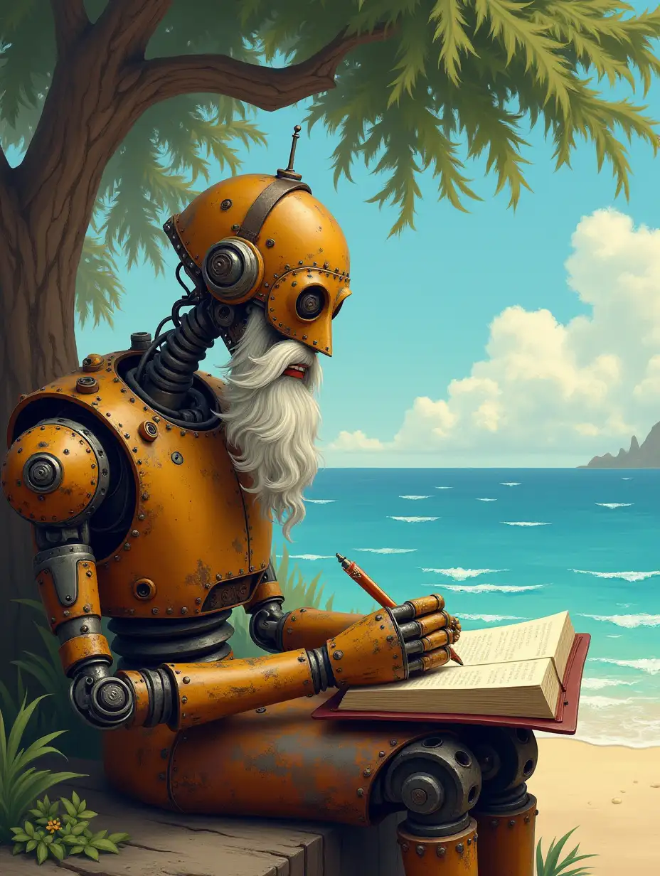 Wise-Old-Robot-Writing-by-the-Ocean-Shore