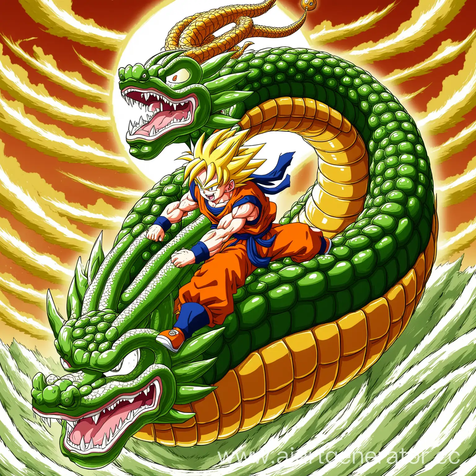 Goku Riding Shenron in a Dynamic Action Scene | AI Art Generator