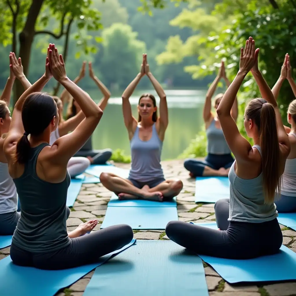 Group-Practicing-Yoga-Outdoors-Surrounded-by-Lush-Greenery