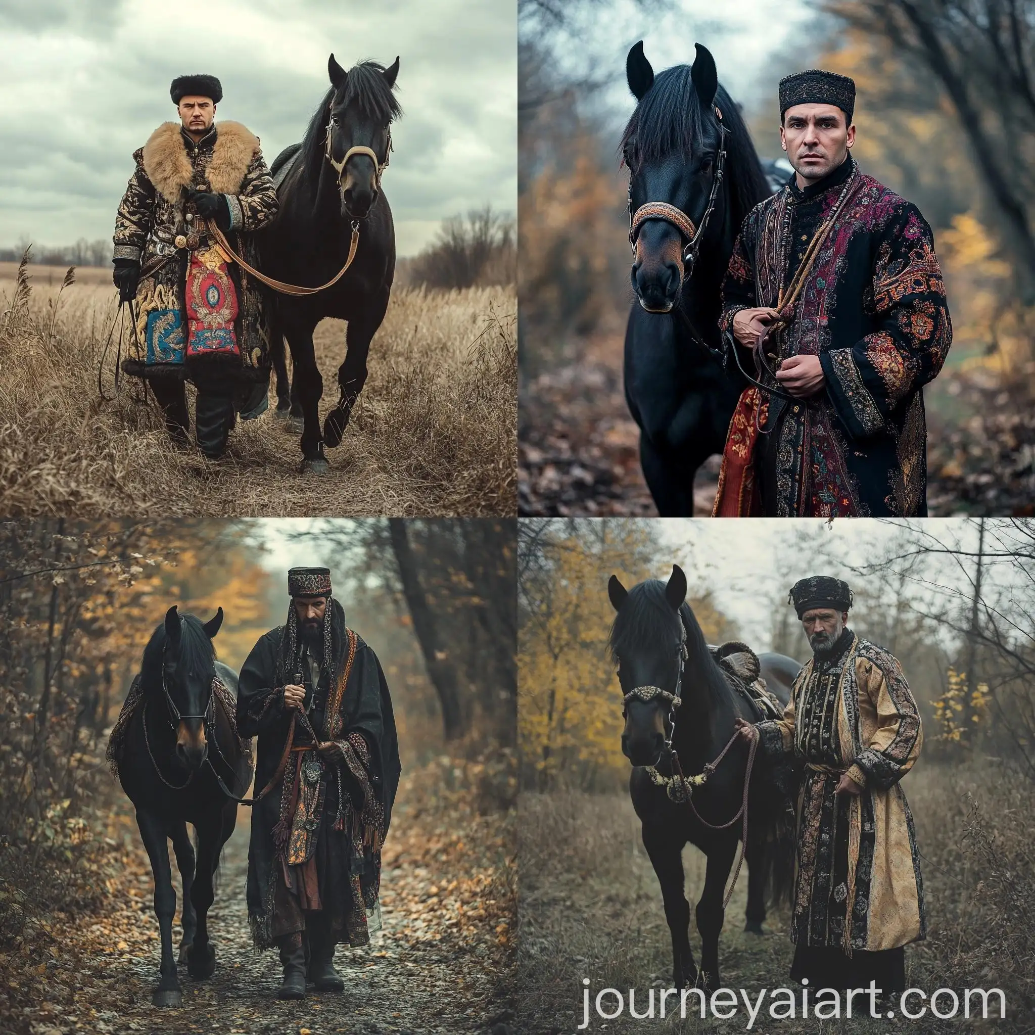 Ukrainian-Man-in-Traditional-Attire-Leading-Black-Horse-on-Leash