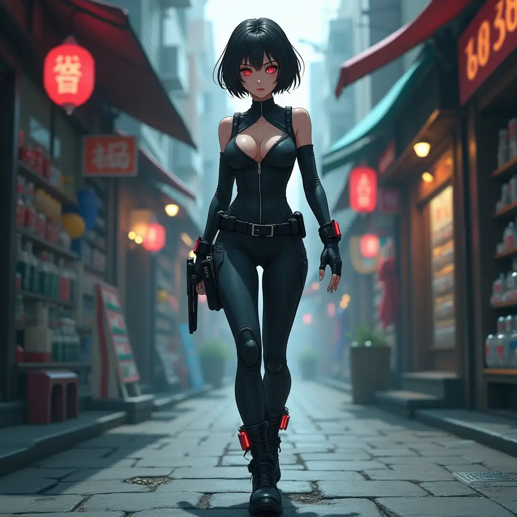 Short hair, mature Asian woman thief cyber runner in a dynamic full-length pose, eyes with red electronic pupils, large breast, extreme skintight body glove zipped down with cleavage, combat boots and combat belt. Full view of her body from boots up, low wide angle. Future store filled city alley street. Anime