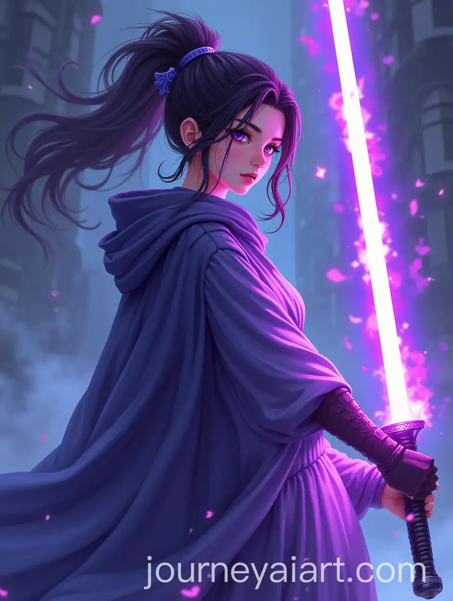 Anime-Female-Warrior-with-JediInspired-PurpleBlue-Sword-and-Beautiful-Patterns