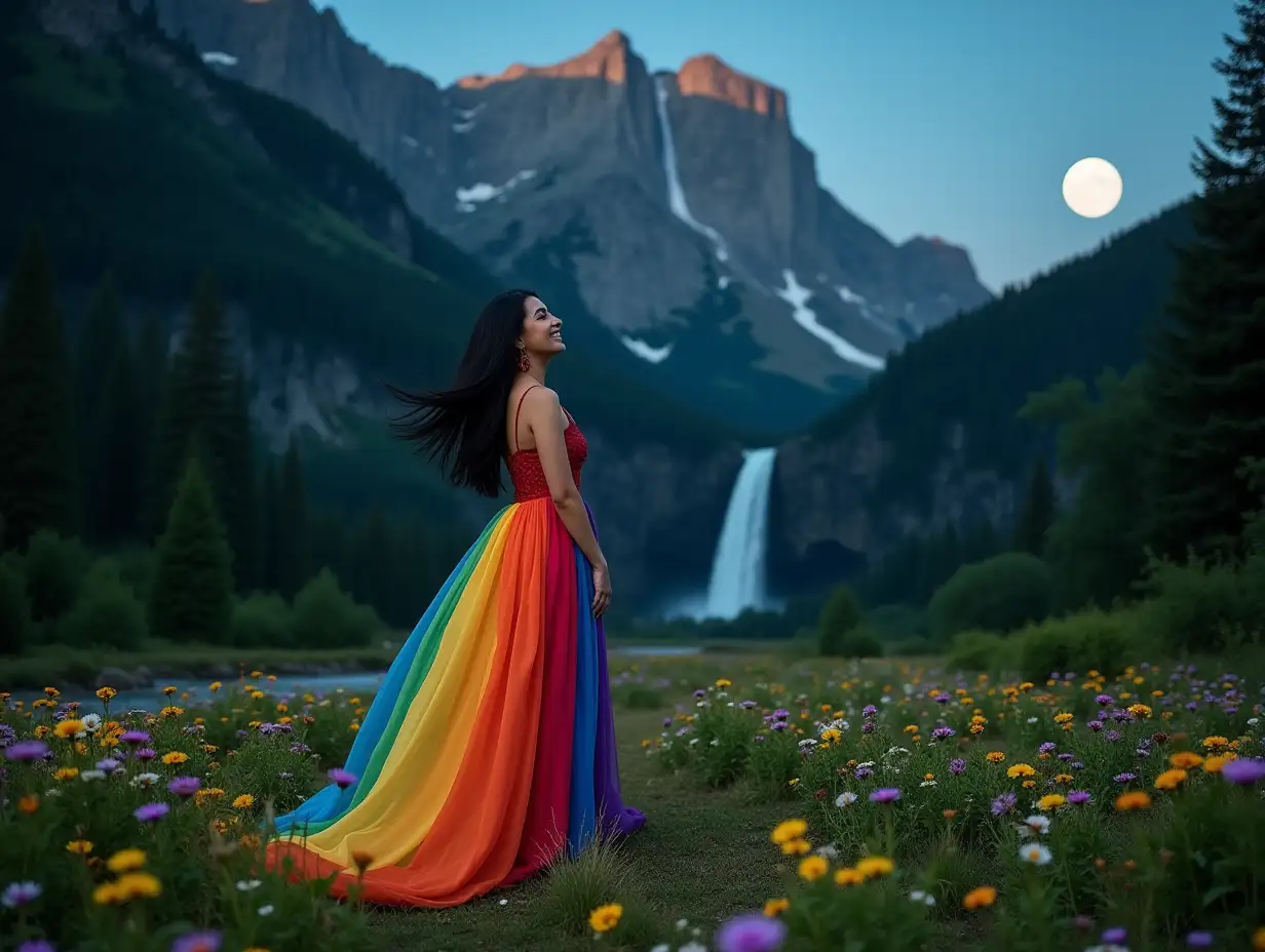 A woman in deep love, wearing a long rainbow dress, black hair, in happy pose, in the green forest, at night. Forest full of colorful flowers. Mountain with huge water fall behind her. White moon in the sky on right.