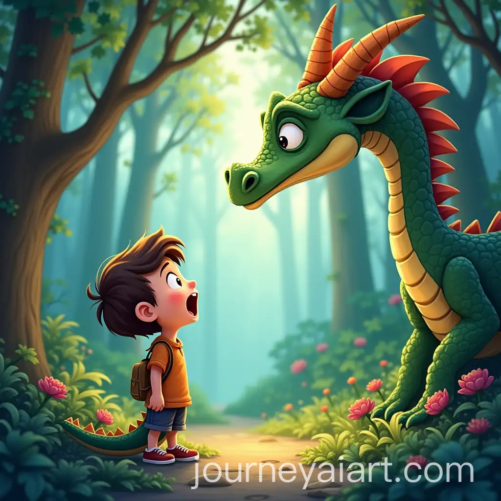 Surprised-Boy-in-a-Cartoon-Forest-with-a-Lounging-Dragon-Magical-and-Fun-Atmosphere