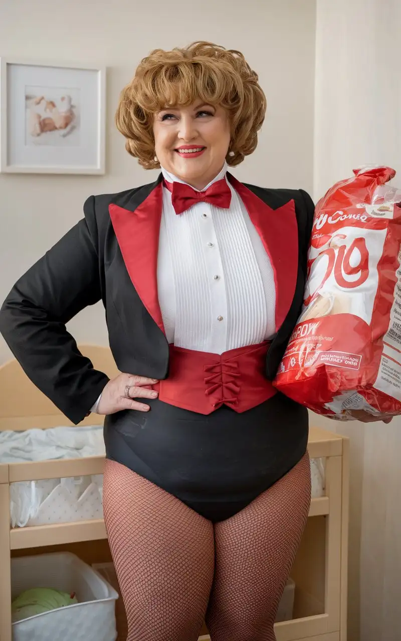 Joyful-Woman-in-Formal-Tuxedo-at-Nursery-with-Diaper-Supplies