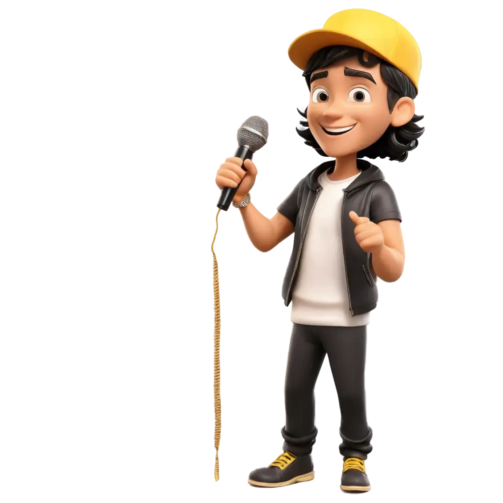 Happy-Man-Rap-Singer-with-Cap-and-Gold-Chain-Holding-Microphone-3D-Cartoon-PNG-Image