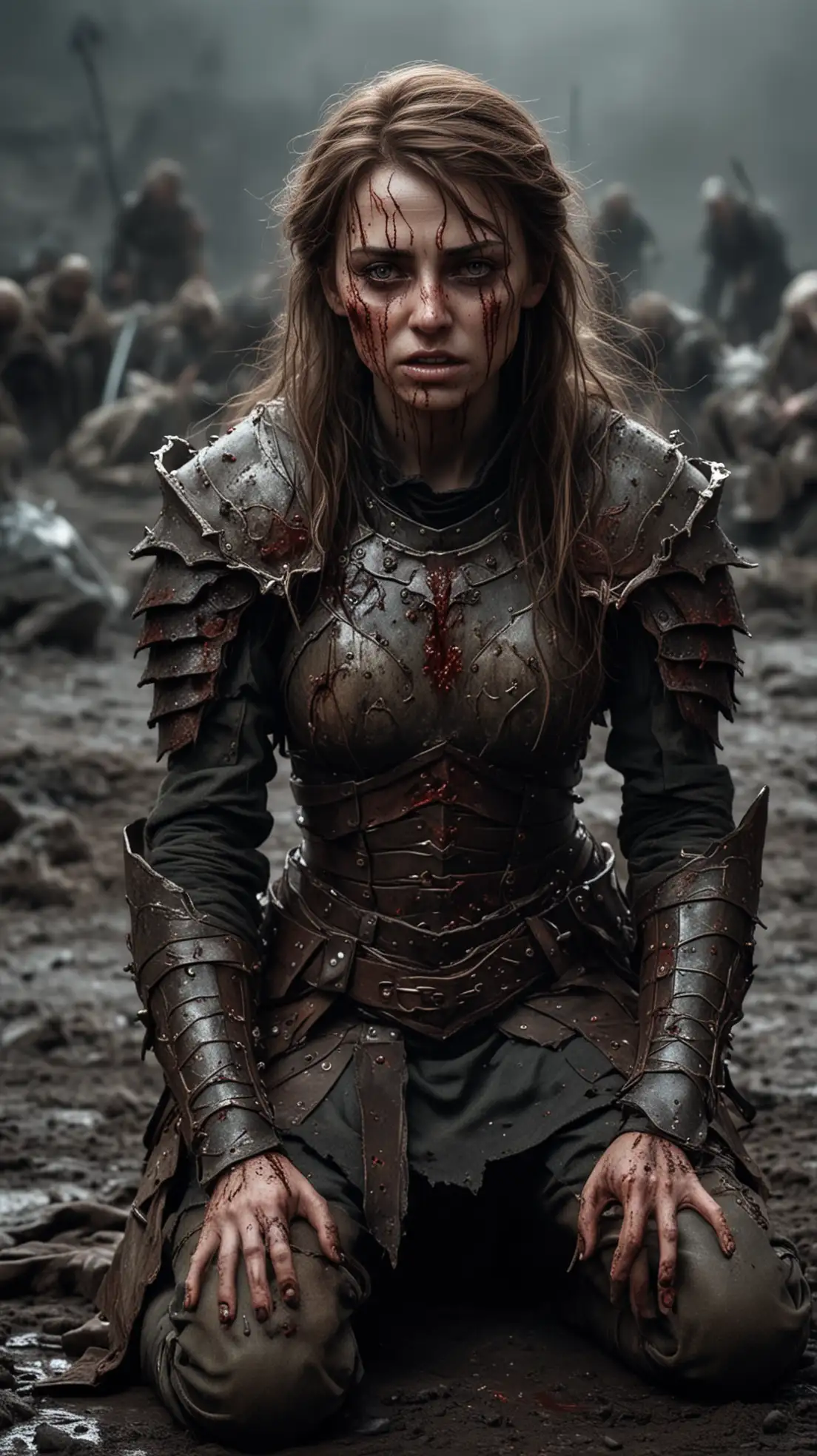 Elf queen with brown hair and light damaged armour is wounded with a bloody face, bloody wounds, battle worn, blackened eyes, covered in blood and dirt, who is kneeling on a desolate battlefield at a dark night. She is suffering with closed eyes and tortured with agonizing pain.