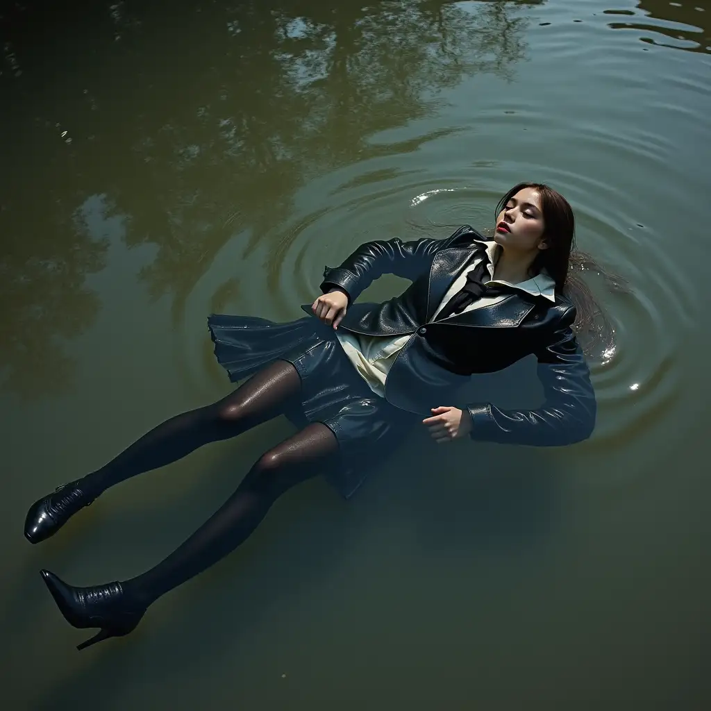 A schoolgirl in a school uniform, with a skirt, jacket, blouse, dark tights, high-heeled shoes. Swims in a dirty pond, lies underwater, body beneath the water surface, fully wet clothes, no dry parts of the clothes, wet clothes stick to the body.