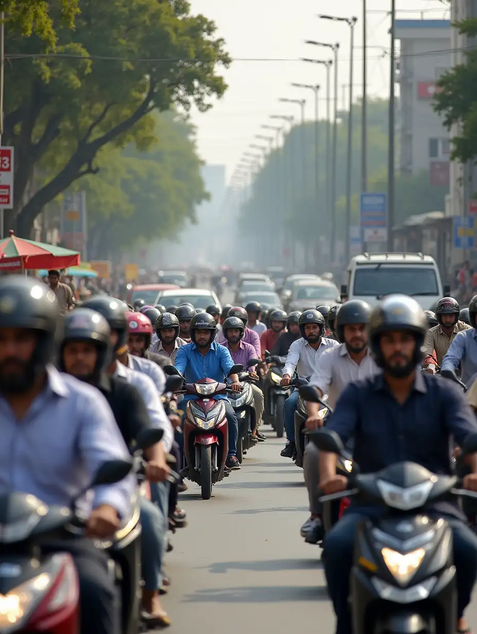 A bustling street in Karachi with motorcycles weaving through traffic. The scene should be busy, with people riding motorcycles, honking cars, and vendors selling goods on the roadside. The atmosphere should feel vibrant and full of life, showcasing the energy of the city.