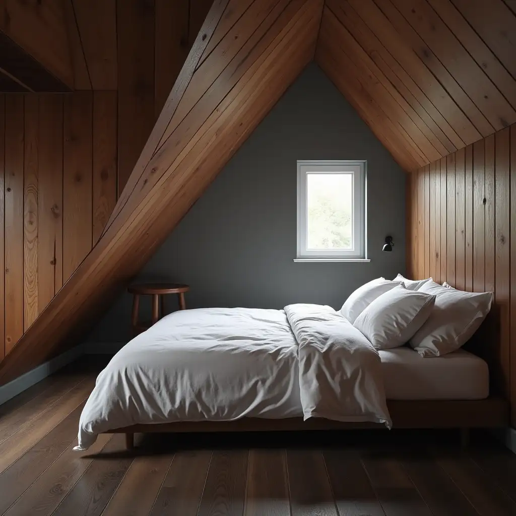 Bedroom in a country house, walls covered with dark walnut wood, gray painted wall with a white window, triangular ceiling, dark laminate floor