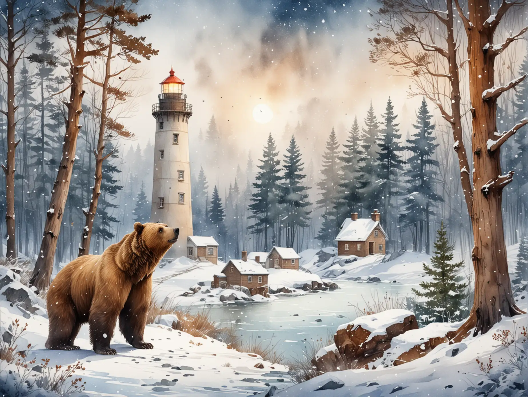 lighthouse, forest, brown bear, snow is falling, magic, New Year, watercolor drawing and detailed illustration