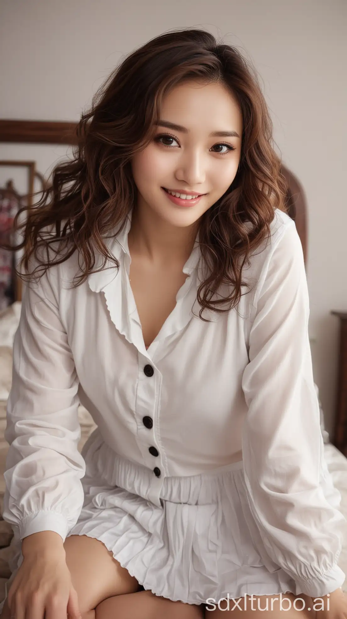 Chinese-Beauty-with-Sweet-Smile-in-Winter-Outfit-Lying-in-Room