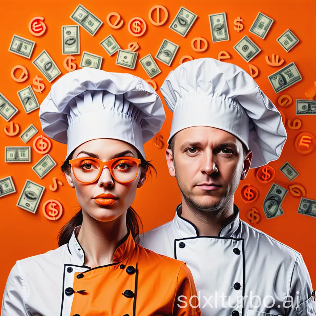 Image of two heads, one of a woman and one of a man, both wearing chef hats. Use dominant shades of orange. Incorporate dollar signs ($) in a creative way, without using any words.