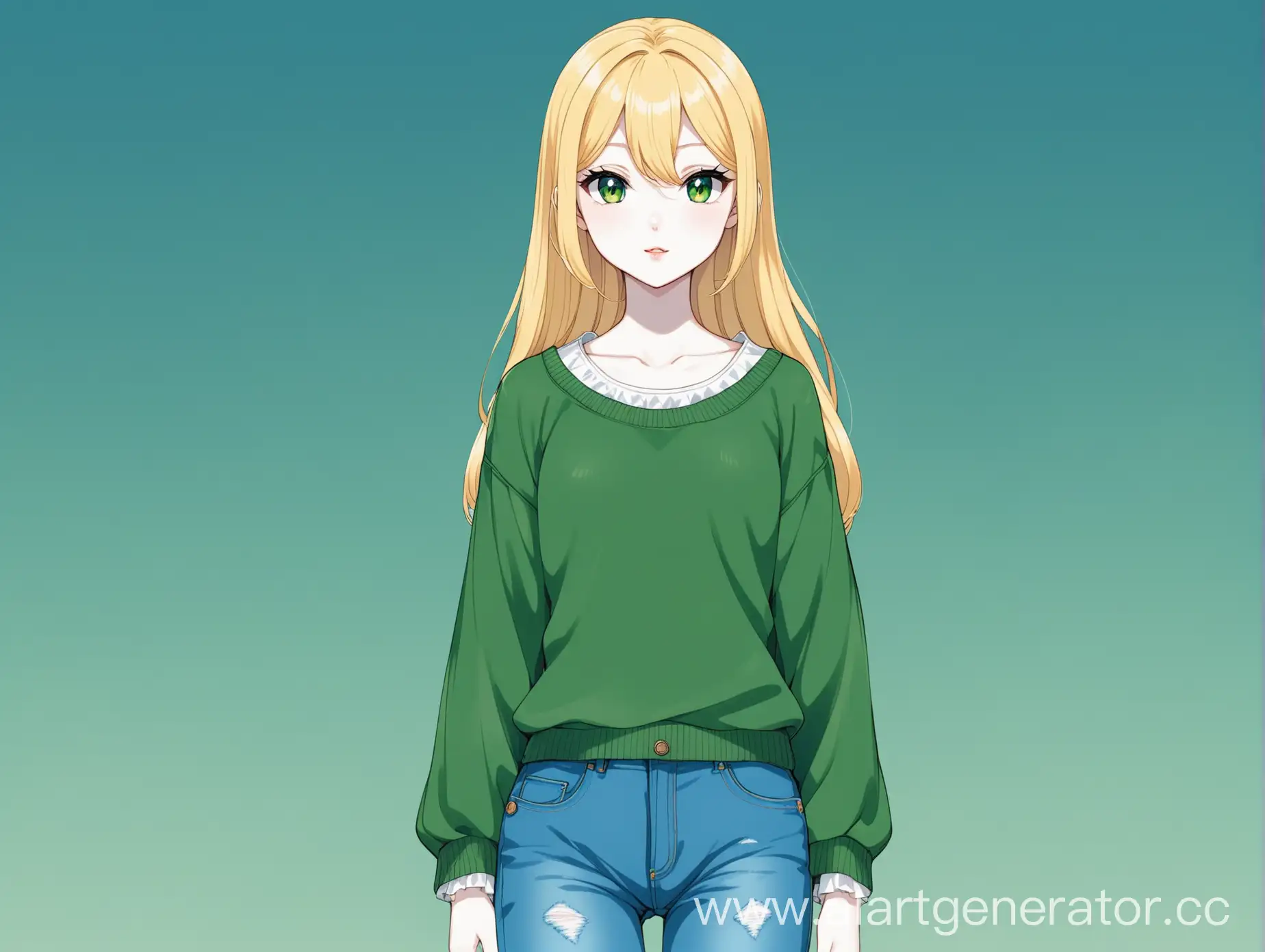 Anime-Style-Teenager-in-Green-Sweater-and-Blue-Jeans