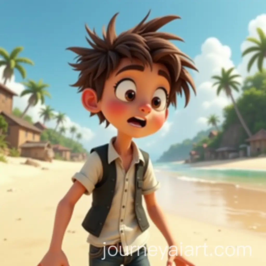 15YearOld-Boy-Exploring-a-Beach-on-an-Island-with-Palm-Trees-and-Rural-Village-in-the-Background