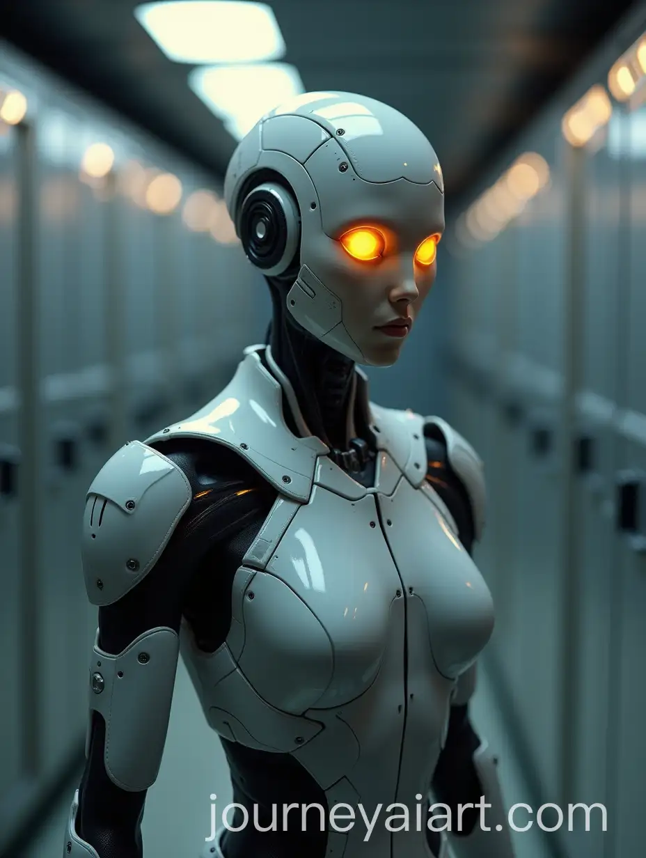 Futuristic-Synthetic-Humanoid-in-HighTech-Uniform-with-Glowing-Orange-Eyes