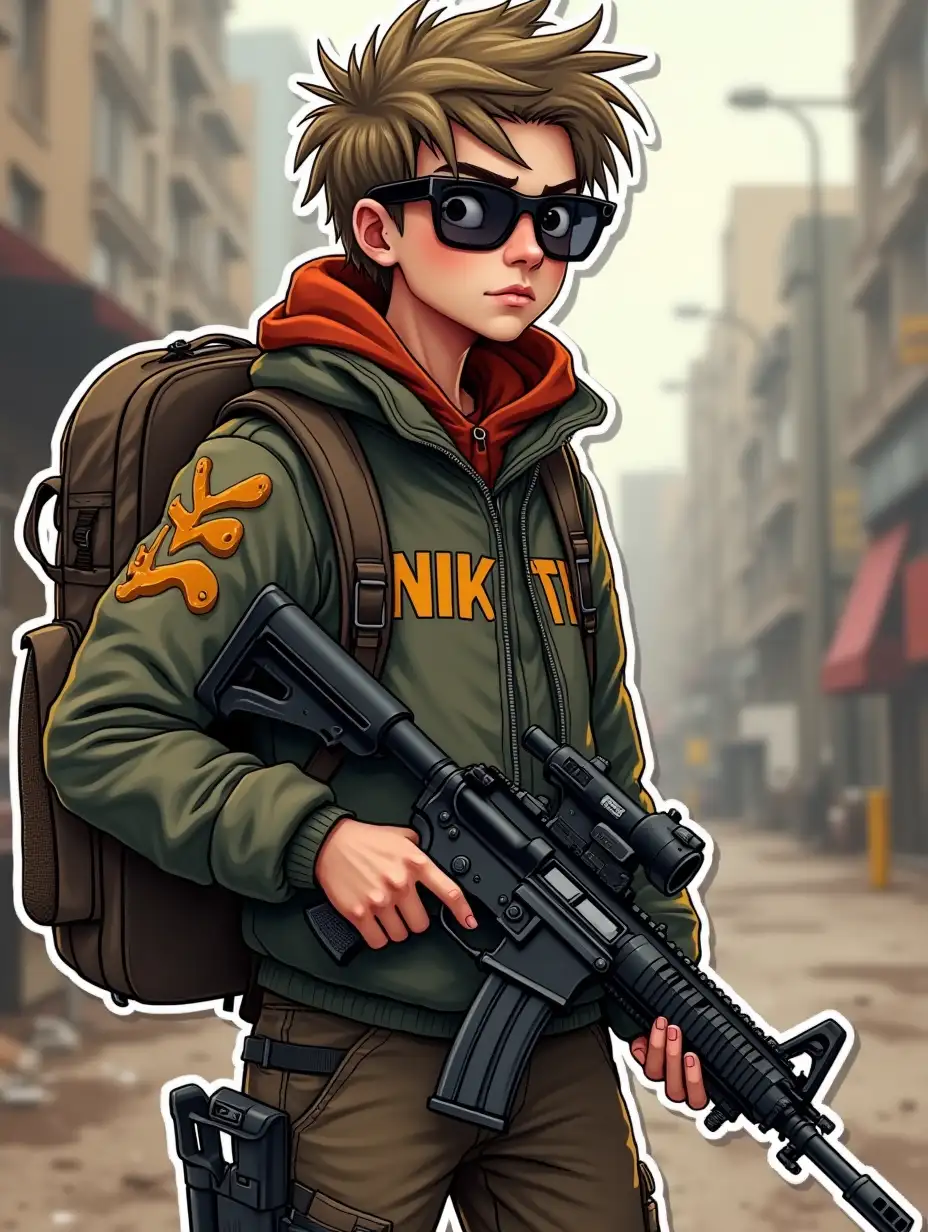 a skinny teenage boy with big eyes and sunglasses, in survivalist clothes, on a chevron jacket with the inscription Nikita, take a backpack, against the background of a post-apocalyptic world, in the hands of an M4a1 machine gun, sticker style