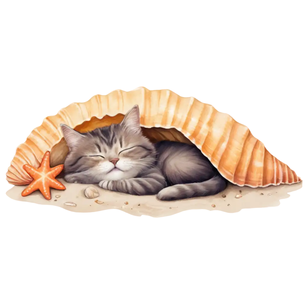 Cozy-Fluffy-Cat-Sleeping-in-Seashell-PNG-Image-Tranquil-Beach-Scene