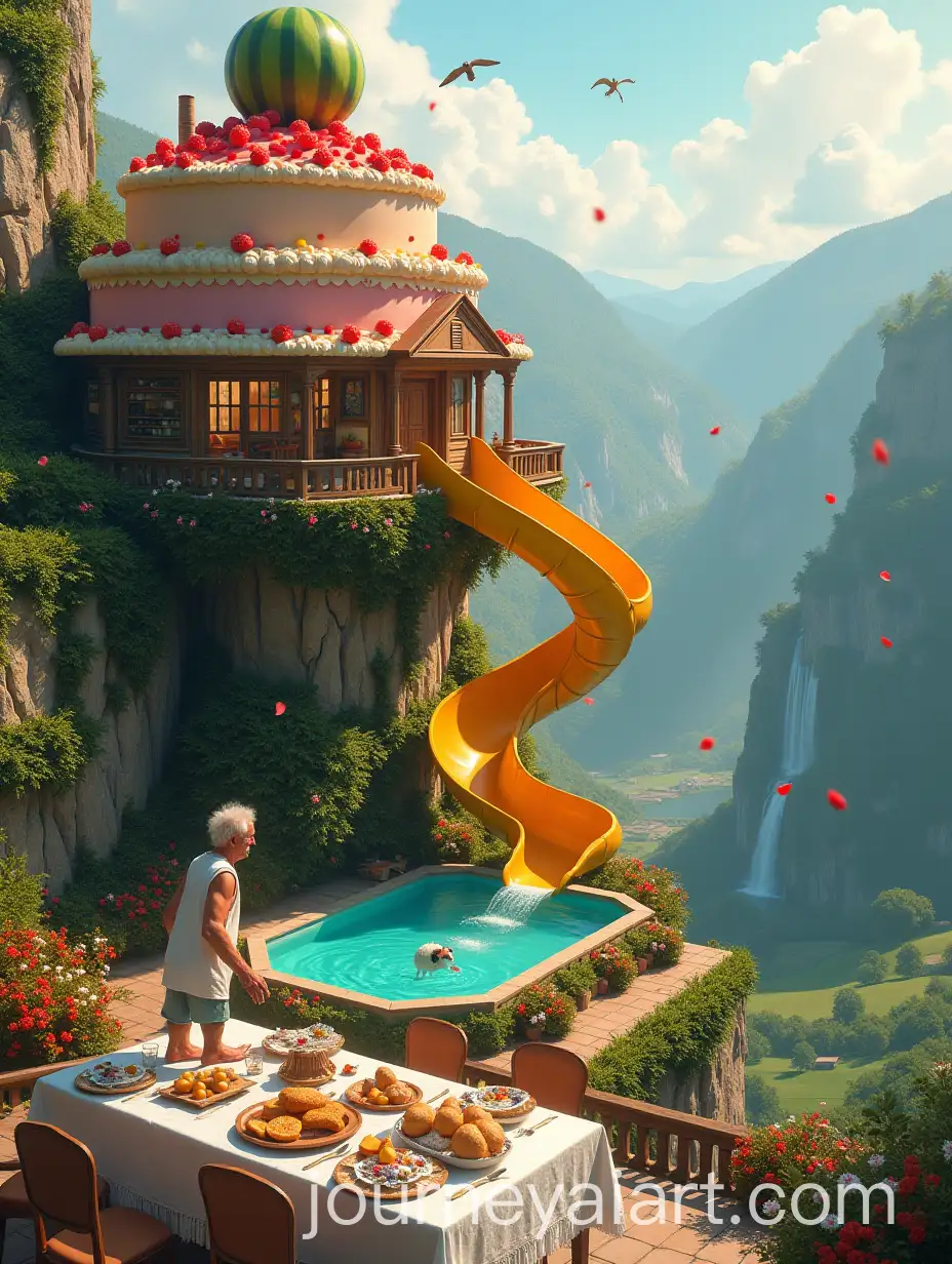 Whimsical-Cliffside-House-with-Giant-Cake-Roof-and-Vibrant-Landscape