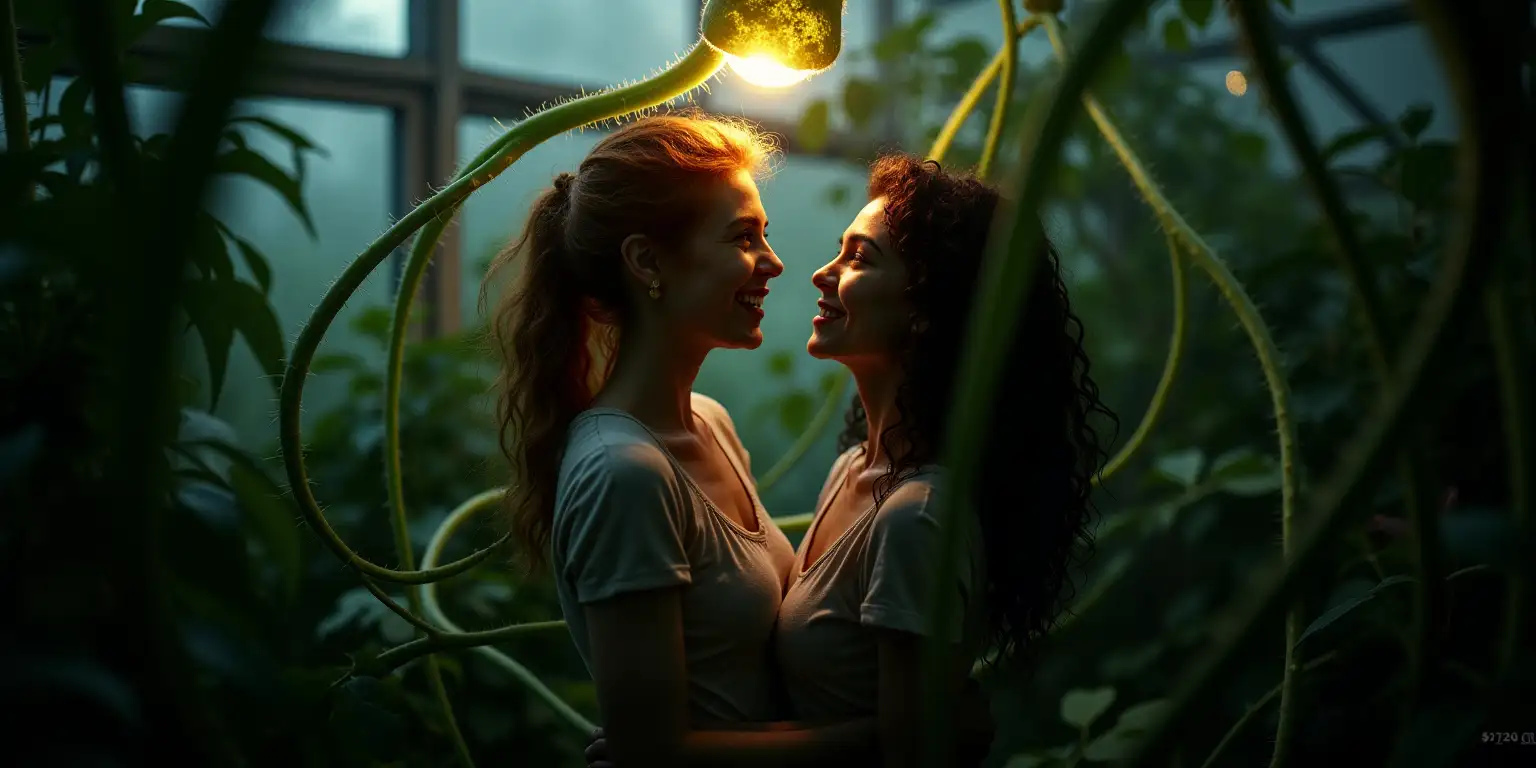 Create an image of a rare and exotic carnivorous plant, the Devouria Gigantica, in a dimly lit greenhouse. The camera angle is from directly above, looking down on the plant's unique and intricate details. The lighting is soft and warm, with a mix of natural and artificial light sources, casting gentle shadows on the plant's leaves and tendrils. Entwined by the plant's tendrils are two female figures, partially obscured by the plant's foliage, with only their happy and excited faces and upper bodies visible, one is a natural redhead, the other has long dark curly hair. They gaze affectionately into each other's eyes, ignoring the plant's tendrils wrapping themselves around their bodies. Their arms are behind their backs. The atmosphere is mysterious and eerie, with a sense of anticipation and curiosity. Style: botanical illustration meets surrealism. Color palette: muted greens, blues, and purples.