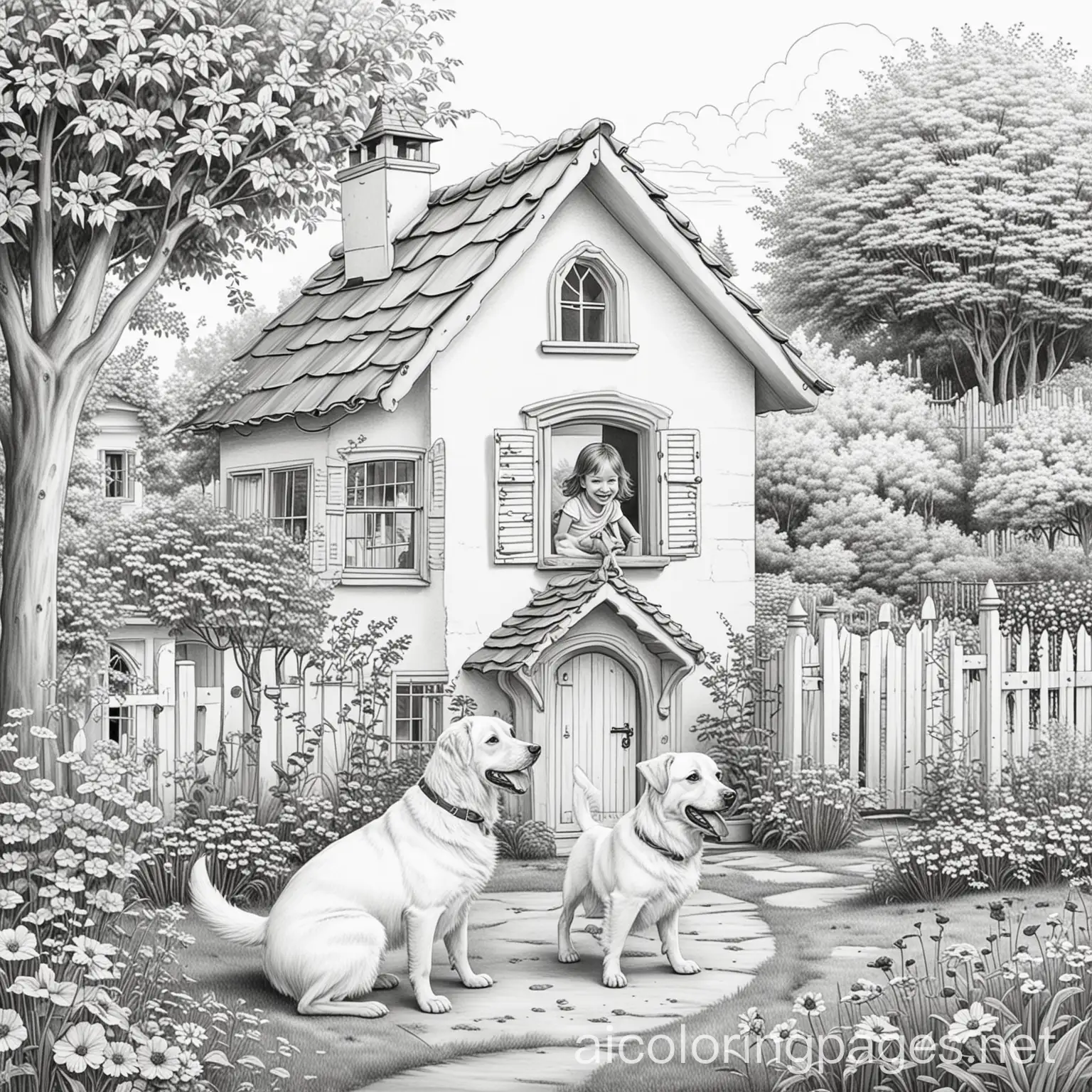 Girl-Playing-with-Dog-in-Garden-House-Background-Coloring-Page